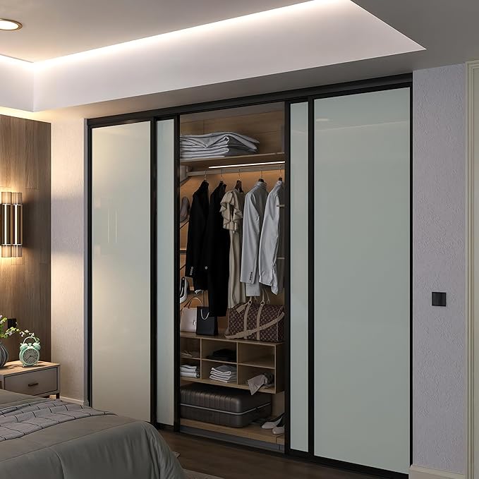 Door55 4 Panel Glass Sliding Closet Door with Aluminum Frame, Silent Glide Technology, Closet Doors Sliding Panels, Closet Doors for Bedrooms, Door Sliding Closet Doors (Milky Glass, 160x96)