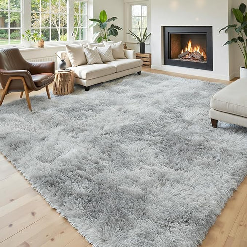 8x10 Area Rugs for Living Room Bedroom, Large Area Rug Shag Shaggy Carpet Soft Plush Furry Bedside Rug, Rugs for Home Decor (Light Grey Tie-Dyed, 8x10 Feet)