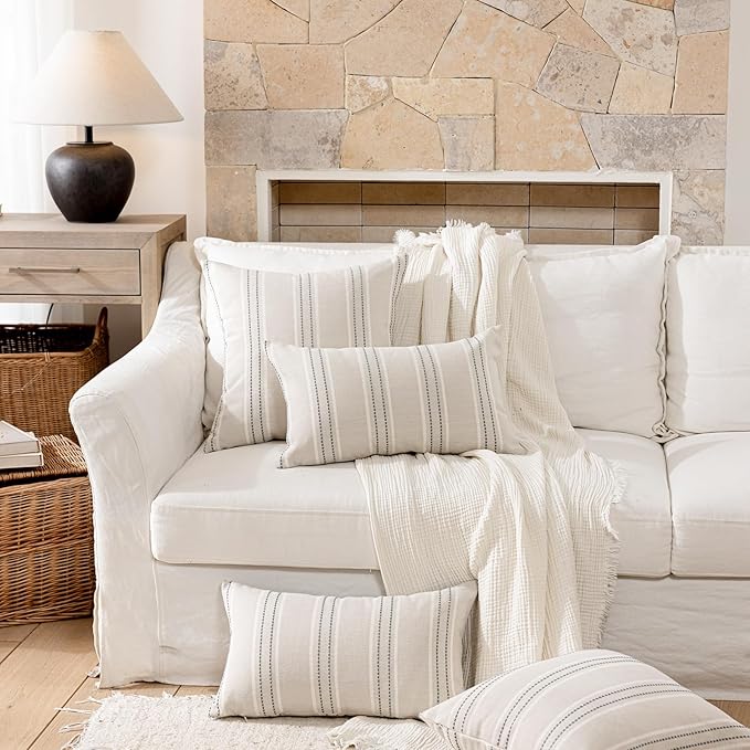 Hckot Throw Pillow Covers 12x20 Set of 2 Grey Pillow Covers Farmhouse Decorative Pillows Textured Linen Lumbar Cushion Covers for Sofa Couch Bed Living Room Decor(Light Grey)