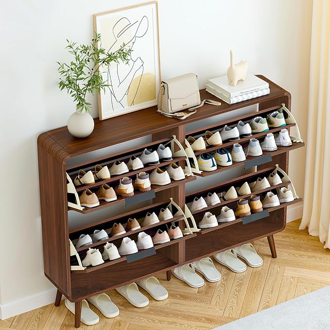 FurSch 47" Fluted Large Shoe Cabinet with 4 Flip Drawers, Slim Freestanding Shoe Cabinet Organizer, Narrow Shoes Storage Rack for Entryway, 5 Sturdy Legs (All Walnut, 9.45" D x 47.24" W x 35.83" H)