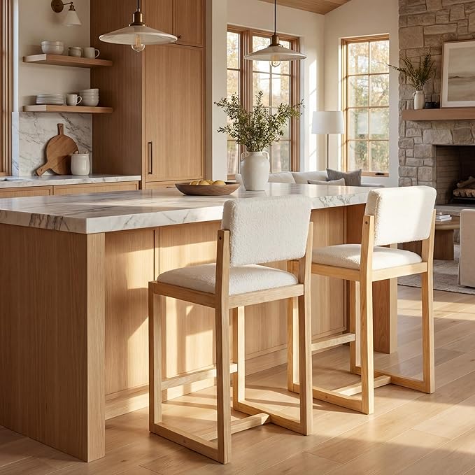 DUOMAY Modern Bar Stools Set of 4, 26" Counter Height Barstools, Sherpa Upholstered Kitchen Island Chair with Light Walnut Color Wood Legs for Home, White