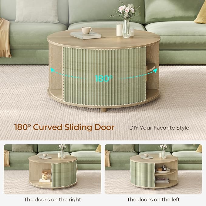 Round Lift Top Coffee Table, 34.6" Modern Coffee Table with 180° Curved Sliding Door, Fluted Accent Coffee Tables with Hidden Storage and Open Shelves, for Living Room, Office, Oak