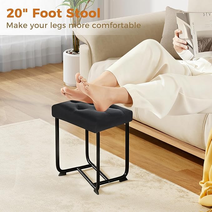 BEWISHOME Black Vanity Stool, Leather Vanity Stool, Small Stool Chair for Vanity, Square Ottoman Foot Stool, Makeup Vanity Chairs with Thick Padded Seat for Small Spaces, Bathroom, Bedroom, Entryway