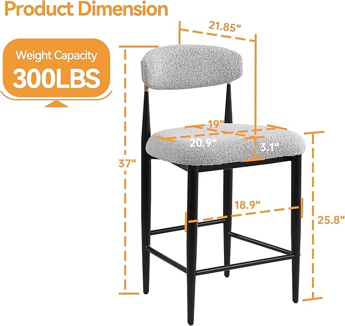 Morden Fort Counter Height Bar Stools Set of 2, Modern Upholstered Counter Stools with Black Metal Legs and Gold Accent, 26" Boucle Island Chairs for Kitchen and Home Bar