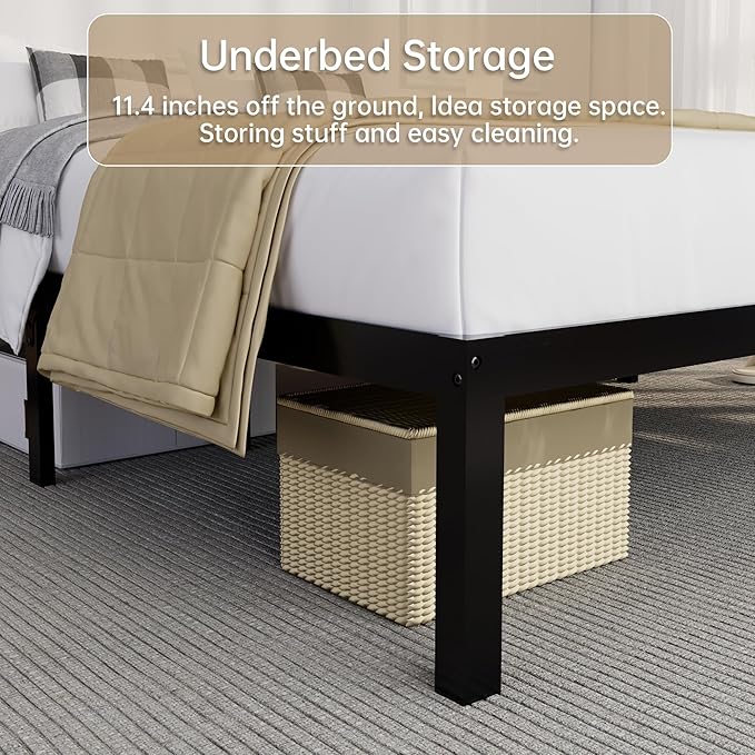 14 Inch Bamboo Bed Frame – Solid Wood Platform Bed Frame, Strong and Stable, with Non-Slip Slats for Support, No Box Spring Needed, Easy to Assemble, Noise-Free (Black, Queen)