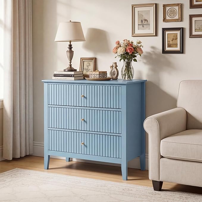 RoyalCraft 32" Large Nightstand, Fluted Painted Wood Bedside Table with 3 Spacious Drawers, Modern End Table for Bedroom, Living Room, Light Blue