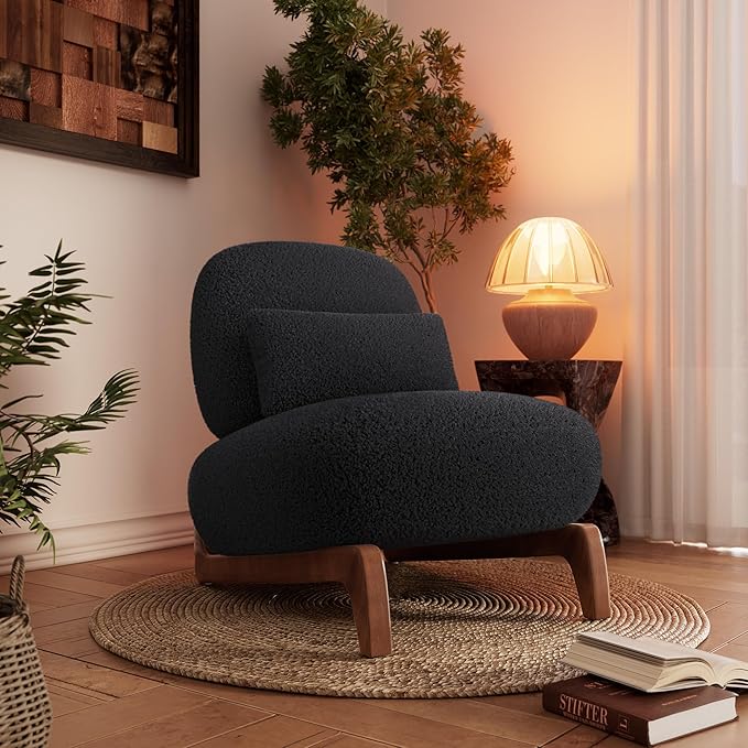 Morden Fort Modern Accent Chairs Set of 2, Sturdy Tilted Wood Legs with Thick Cushion Comfy Lumbar Pillow Armless Reading Chairs for Living Room Lounge Bedroom - Black