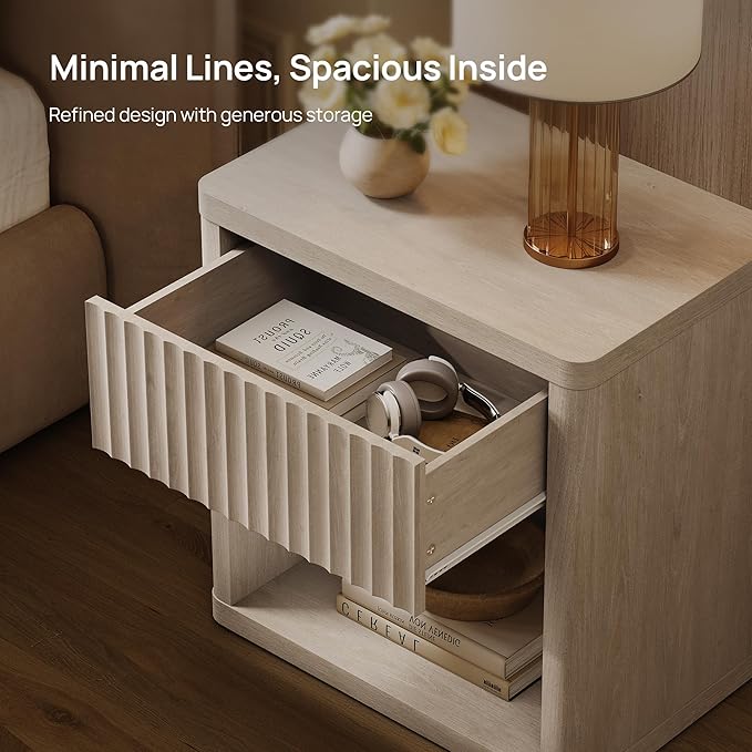 SICOTAS Night Stand Nightstand with Drawer Storage Fluted Bed Side Table End Table Large Modern Wide Bedside Stand Mid Century Night Stands for Bedroom Living Room Sofa Couch Home Office, White Alder