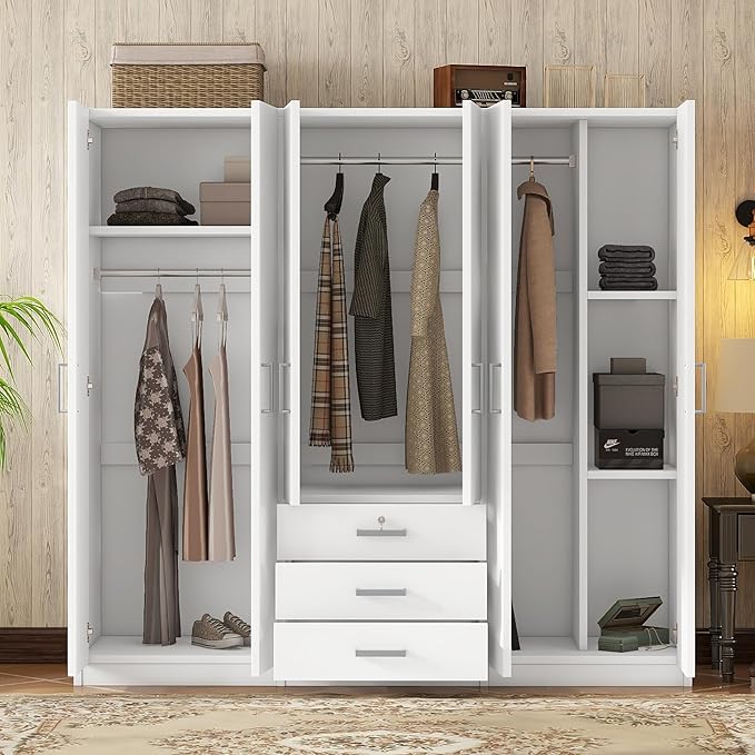 6 Door Armoire Wardrobe Closet with Big 3 Drawers, Wooden Freestanding Bathroom Armoire Cabinet with Shelves and Hanging Rod, Clothes Storage Organizer for Bedroom, Guest Room (White-8)