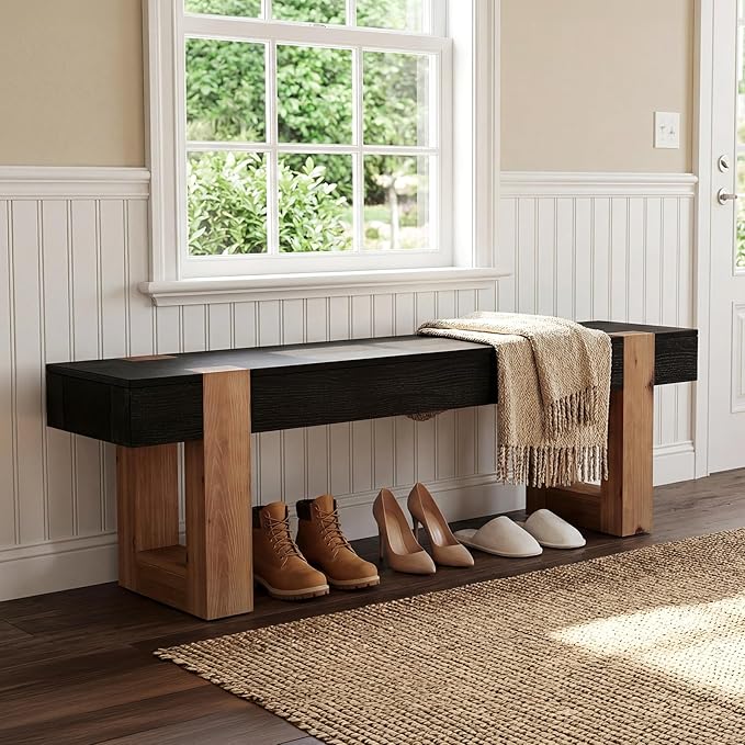 55" Solid Wood Dining Bench, Farmhouse Wooden Entryway Bench, End of Bed Bench, Indoor Bench Seat for Bedroom, Dining Room, Kitchen, Hallway, Black & Brown
