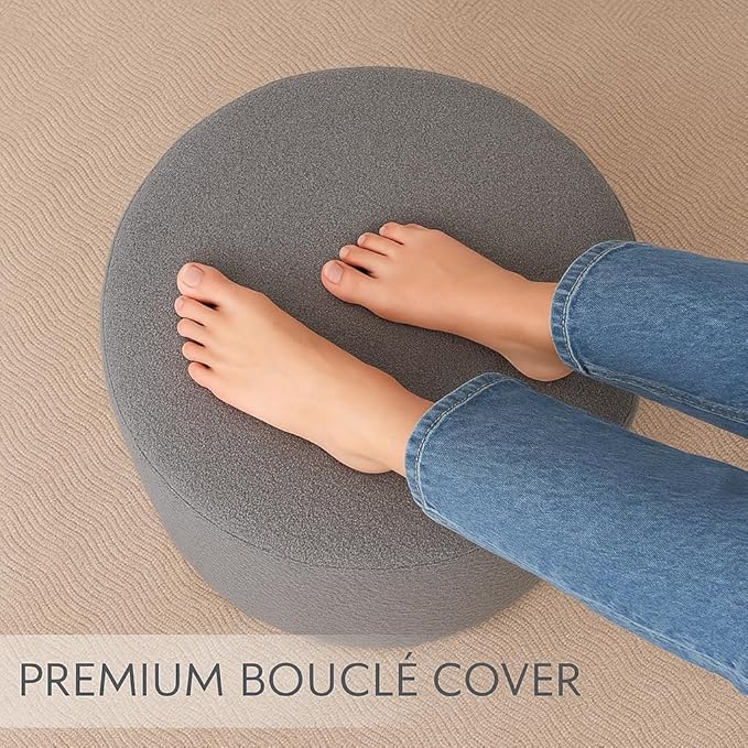 Grey Round Ottoman Foot Rest Stool – Modern Boucle Fabric Footstool with Soft Foam Filling, Lightweight Pouf for Living Room, Bedroom, Home Office – Neutral Grey