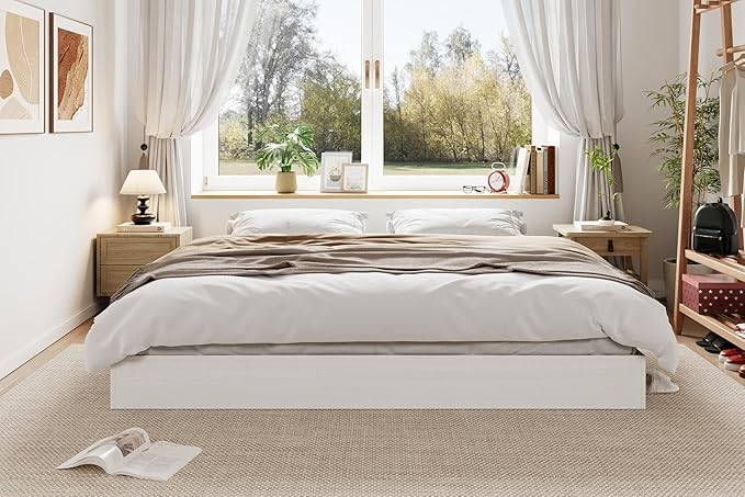 Wood Platform Bed with Sturdy Wooden Slats, King Size Floor-Standing Bed Frame, Modern Minimalist Design Bed Frame, No Box Spring Needed, Easy Assembly, White