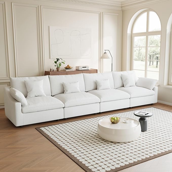 Modular Sectional Sofa Cloud Couch, 155.9" Oversized 4 Seater Sofa Couch with Pillows, Linen Blend Fabric Minimalist Deep Seat Couches for Living Room, Sofa Covers Washable&Removable, White