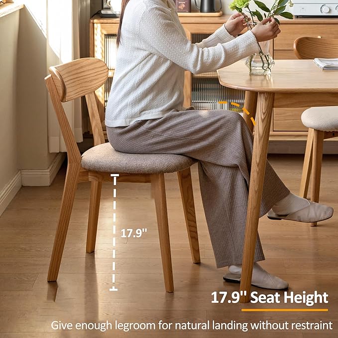 Modern Solid Wood Dining Chair Set of 2, Kitchen Dining Room Chair with Upholstered Cushion and Seat Cover, Curved Backrest, 100% FAS Grade North America Oak Wood, Natural