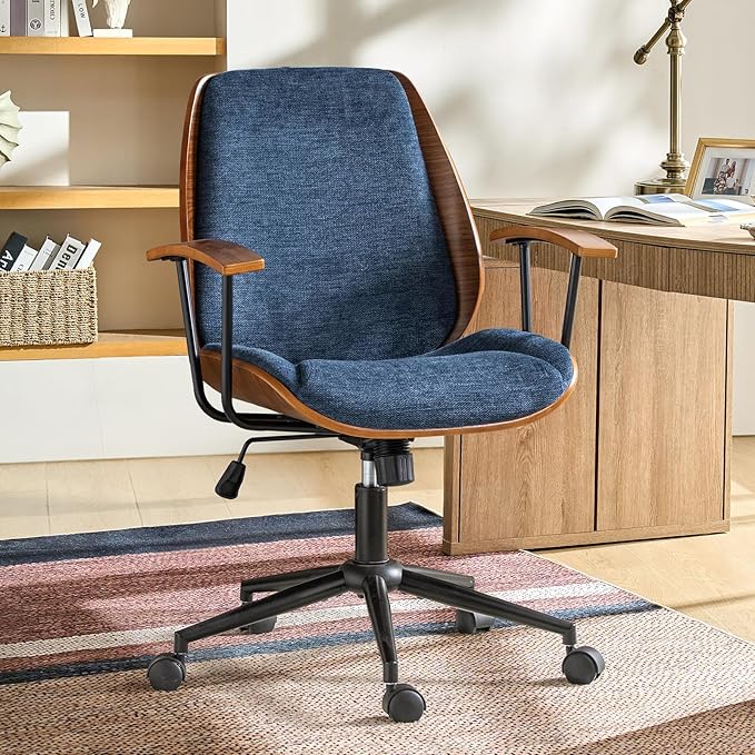 Modern Office Chair with Bentwood Polyester Upholstery Ergonomic Swivel Desk Chair with Adjustable Height for Home Office or Study Navy