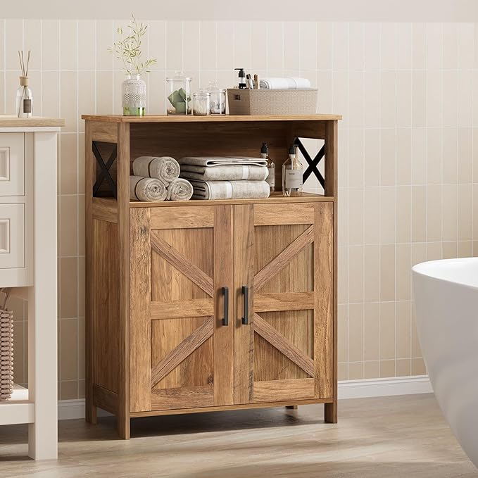Homhedy Farmhouse Bathroom Storage Cabinet with 2 Doors, Toilet Paper Cabinet with Adjustable Shelves, Small Bathroom Cabinet for Kitchen/Laundry/Living Room, 11.8 x 23.6 x 31.5 Inches, Rustic Walnut