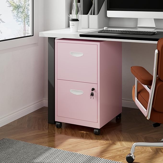 Polup 2 Drawer Rolling File Cabinet on Wheels, Mobile Two Drawer Filing Cabinet with Lock, Small Files Cabinets for Under Desk, Metal Filing Cabinets for Letter Size Folders, Pink - Assembly Required