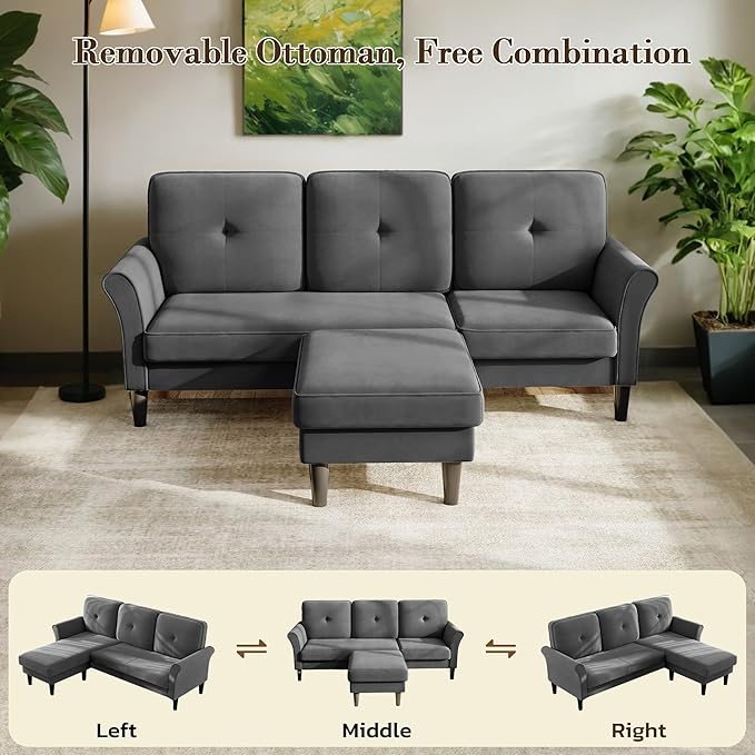 Welzona Sofas for Living Room, 83" Velvet Sectional Couch with Moveable Ottoman, Midcentury Modern Small Sectional Couch, L Shape Sofa & 3 Seater, Couches for Living Room, Apartment, Bedroom, Grey