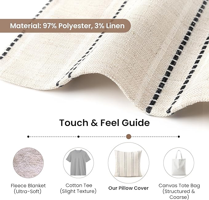 AELS 20x20 Decorative Farmhouse Linen Blend Throw Pillow Covers, Boho Textured Pillow Case, Set of 2, Beige with White & Black Stitch Yarn Dyed Stripe Cushion Cover for Sofa Living Room (Cover ONLY)