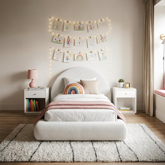 RECCI AirFrame Half-Moon Upholstered Twin Platform Bed Frame, Velvet Curved Arched Base with Headboard, 5 Inch Fully Round Cushioned Foam, No Box Spring Needed, Easy Assembly | Round Shaped, Boucle, Low-profile, Soft