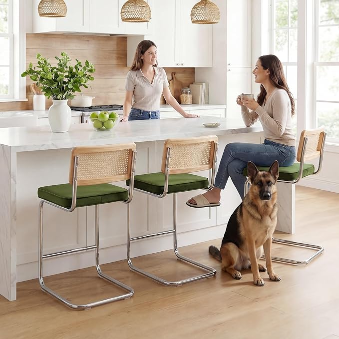 Zesthouse Natural Rattan Counter Stools Set of 4, Olive Green Modern Bar Stools with Solid Wood Back & Chrome Base, 26" Velvet Counter Height Barstools, Mid Century Cesca High Chair for Kitchen Island