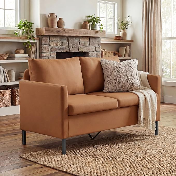 TYBOATLE Modern Faux Leather Small Couches for Small Spaces, Comfy Upholstered Brown Love Seat for Dorm, 2 Seater Mini Couch for Bedroom, Apartment, Office, Brown