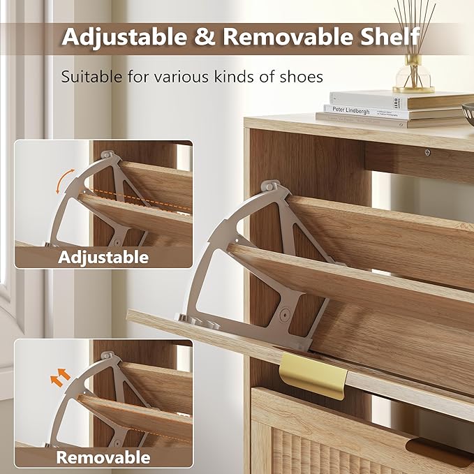 BORNOON Shoe Cabinet for Entryway with 4 Flip Drawers, Slim Wooden Shoe Storage Organizer with Modern Fluted Pannel，Freestanding Narrow Hidden Shoe Rack for Hallway, Foyer, Living Room