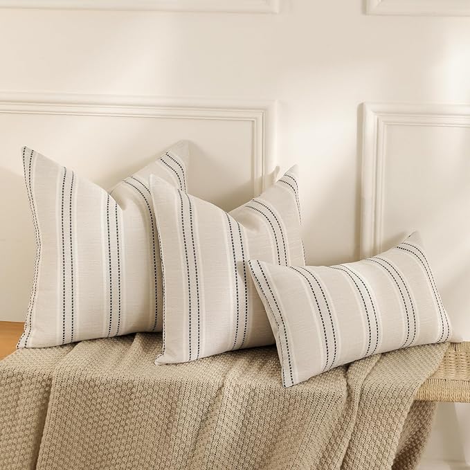 Hckot Hand Made Throw Pillow Covers 16x16 Set of 2 Striped Pillow Covers Textured Linen Decorative Pillows Square Cushion Covers for Sofa Couch Bed Living Room Farmhouse Decor