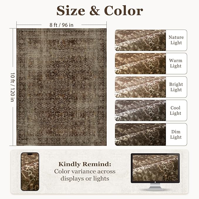 8x10 Dark Brown Rugs for Living Room, Vintage Distressed Aesthetic Large Rug for Bedroom Under Bed, Washable Non Slip Low Pile Carpet Rugs for Dining Room Home Office, Earth Tone Coffee Brown