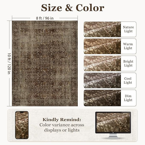 8x10 Dark Brown Rugs for Living Room, Vintage Distressed Aesthetic Large Rug for Bedroom Under Bed, Washable Non Slip Low Pile Carpet Rugs for Dining Room Home Office, Earth Tone Coffee Brown