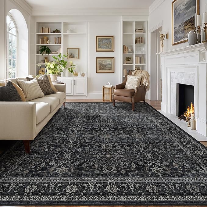 Vintage Dark Large Area Rugs 9x12 for Living Room, Earth Tone Big Room Carpet Rug for Bedroom Dining Room, Washable Carpet Rug with Rubber Backing Low Pile Thin Soft for Family Room, Midnight
