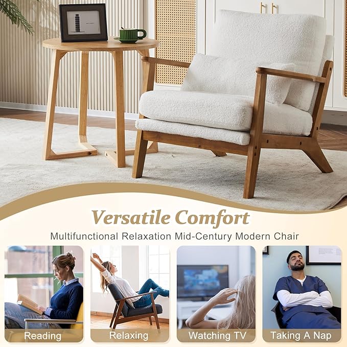 VINGLI Solid Wood Wide Armrests Accent Chair,Upholstered Mid Century Modern Chair with Pillow,Comfy Reading Chair Farmhouse Arm Chair,Chairs Living Room,Bedroom,Guest Room,Teddy Fleece,White