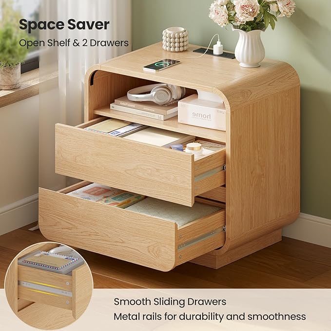 HAUOMS 25" Tall Modern Nightstand with Charging Station, 23.6" Wide Wood Bedside Table w/2 Storage Drawers, Curved Profile Design, Large Mid Century End Table for Bedroom, Living Room (2, Natural Oak)