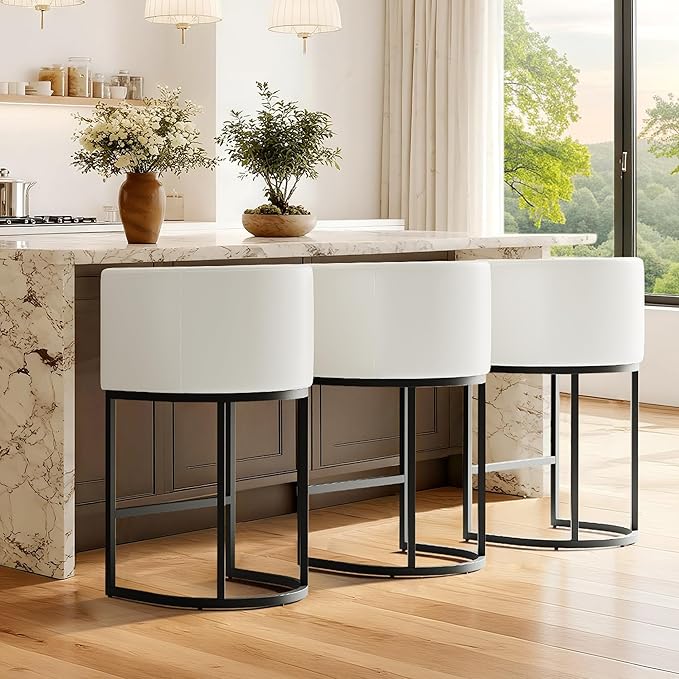 Modern Counter Height Bar Stools,Bar Stools Set of 3,PU Leather Upholstered Barrel Barstools with Backs,26'' Kitchen Island Chairs,Metal Black Frames,Beige White Leather