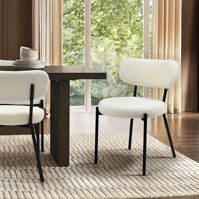 Murago Dining Chairs Set of 4, Boucle Comfortable Upholstered Seat Fabric with Curved Backrest, Mid Century Modern Contemporary Scandinavian Designer Chairs Ideal for Dining Room, Kitchen, White