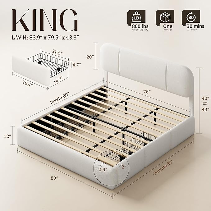 King Size Bed Frame with Storage, Boucle Cloud Bed with 4 Locking Drawers & LED Lights, Modern Upholstered Platform Bed, Plush Sides & Footboard, Adjustable Headboard, No Box Spring, Cream