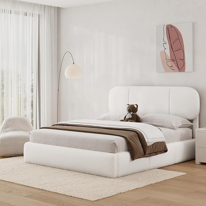Full Size Bed Frame with Storage, Boucle Cloud Bed with 4 Locking Drawers & LED Lights, Modern Upholstered Platform Bed, Plush Sides & Footboard, Adjustable Headboard, No Box Spring, White