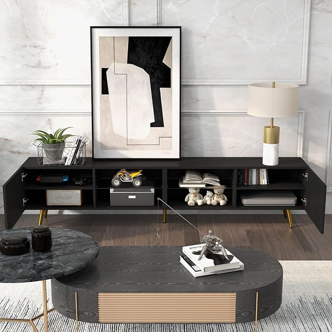 Bonzy Home 86" TV Stand, Modern Entertainment Center for 75" TV, Television Console Table with Storage Cabinets for Living Room, Black