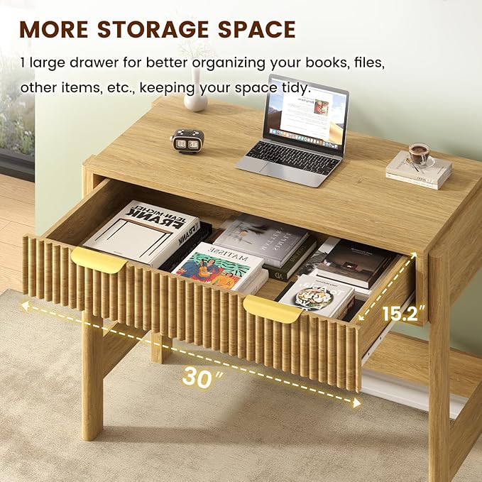YOMILUVE 34 Inch Small Computer Desk with Drawer, Fluted Computer Desk with Storage, Wooden Desks Compact Writing Study Table for Small Spaces, Oak