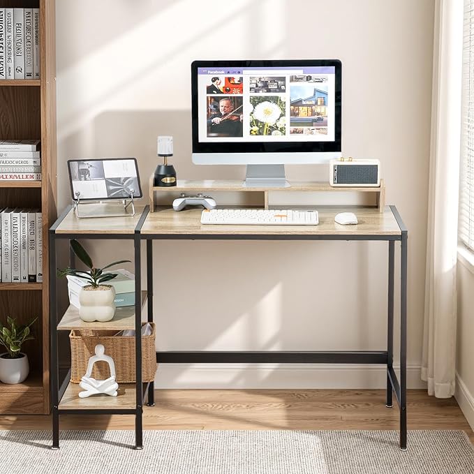 MINOSYS 47-inch Computer Desk with Storage Shelf - Gray Ideal Gaming Desk for Bedrooms, Small Spaces, and Home Offices Modern Writing Desk for PCs.