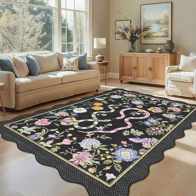 Garvee Snake Washable Area Rugs 5x7 Boho Scalloped Living Room Rugs, Botanical Floral Bedroom Rug, Stain-Resistant Low Pile Floor Carpet for Dining Room Dorm Nursery Playroom Farmhouse Office,Black
