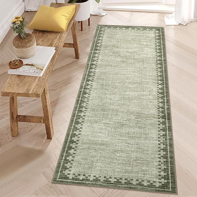 GarveeHome Modern Bordered Runner Rug 2x6 for Hallway Non Slip Low Pile Neutral Kitchen Runner Rugs Washable Bedroom Throw Carpet Geometric Cross Runners Mat for Living Room Nursery Laundry, Green