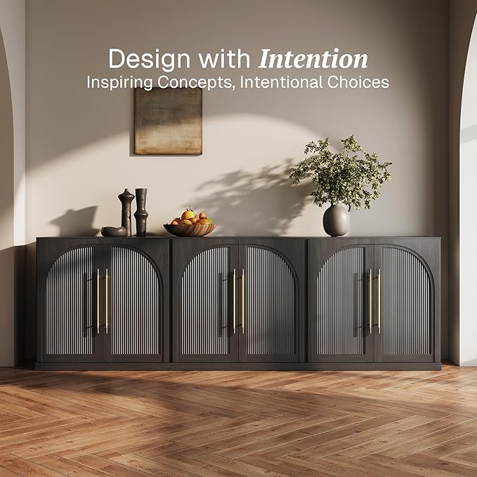 BELLEZE Set of 3 Modular Sideboard with Double-Arc Wood Doors, 97'' Arched Buffet Cabinet with Storage and Adjustable Shelves, Classic Modern Credenza for Dining Room Living Room Entryway (Ebony)