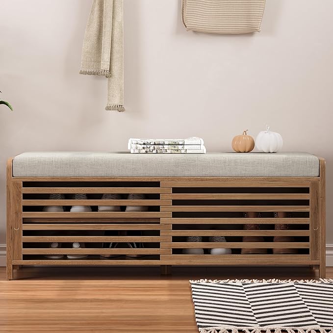 LUMISOL Shoe Bench with Storage and Cushion, Farmhouse Distressed Shutter Storage Bench with Retro Charm for Living Room, Entryway, White Washed