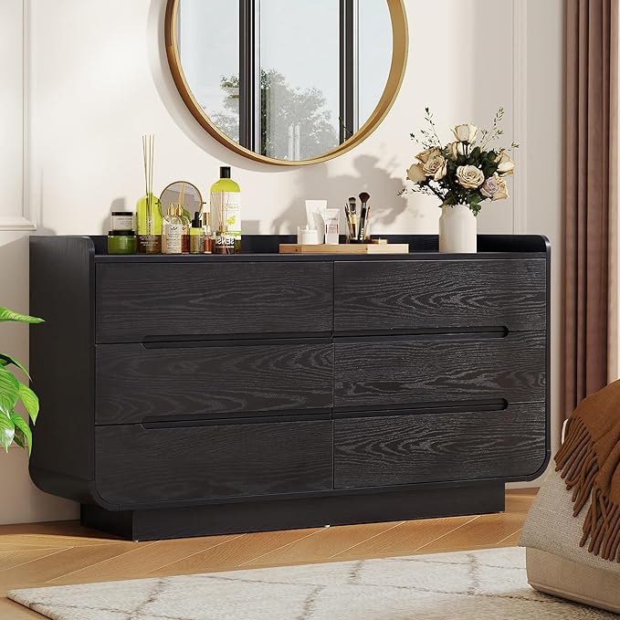 Curved 6 Drawer Dresser for Bedroom, Modern 53-Inch Chest of Drawers, Wood Storage Dresser Organizers with Hidden Handles, 6 Drawer Dressers for Bedroom, Nursery, Living Room, Black