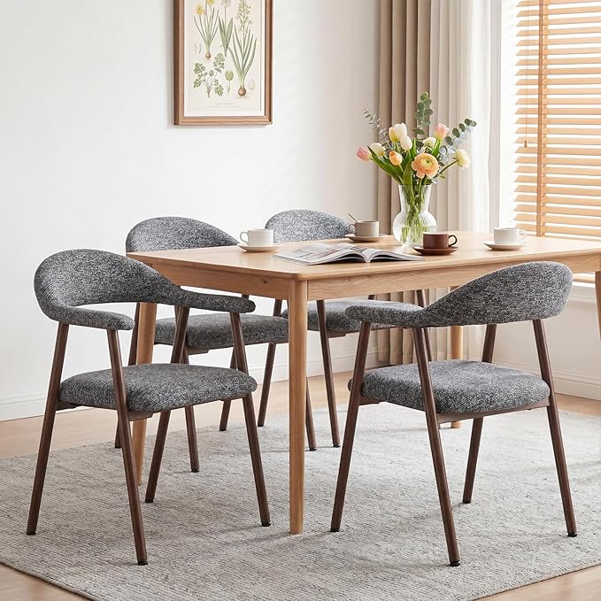 DUMOS Dining Chairs Set of 4, Linen Fabric Upholstered Kitchen Side Chairs with Curved Backrest & Metal Legs, Modern Farmhouse Accent Chairs for Dining Room Kitchen Living Room Cafe, Gray