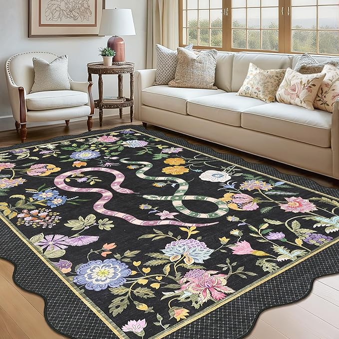 Garvee Snake Washable Area Rugs 5x7 Boho Scalloped Living Room Rugs, Botanical Floral Bedroom Rug, Stain-Resistant Low Pile Floor Carpet for Dining Room Dorm Nursery Playroom Farmhouse Office,Black