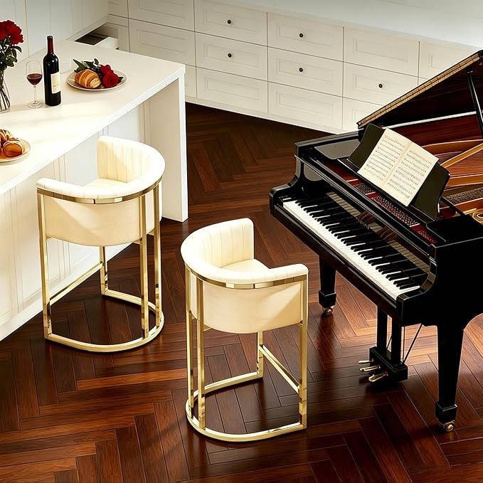 Modern Counter Height Bar Stools,Bar Stools Set of 2,Fabric Upholstered Barrel Barstools with Backs and Arms,26'' Kitchen Island Chairs,Mirror Champagne Gold Base/Beige White Linen