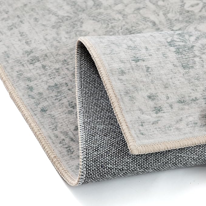 PureCozy 4x6 Area Rug Washable Green Vintage Home Office Carpet Indoor Non Slip Small Low Plie Thin Bedroom Living Dining Room Retro Accent Throw Rug