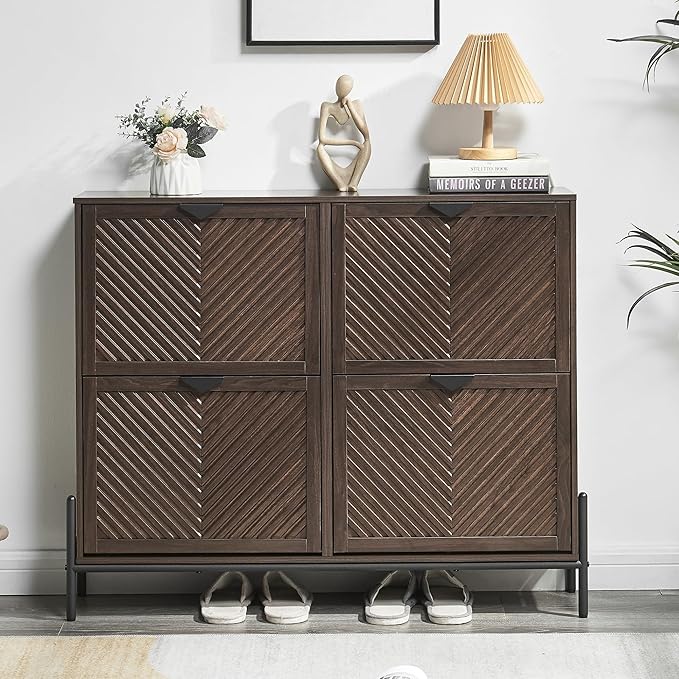 Shoe Cabinet Storage with 4 Flip Drawers, Narrow Hidden Shoes Organizer Cabinet for Entryway, Freestanding Slim Shoe Rack Front Door Entrance(Brown)